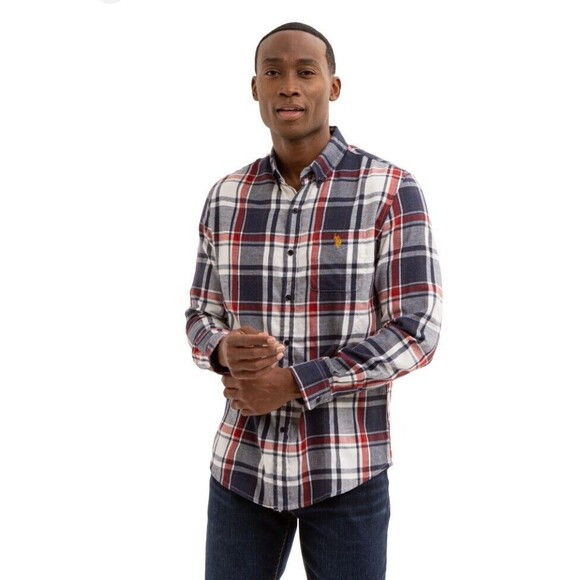 US Polo Assn Mens XXL Button Down  Shirt Long Sleeve Red Tan Plaid Cotton Blend - Picture 1 of 12